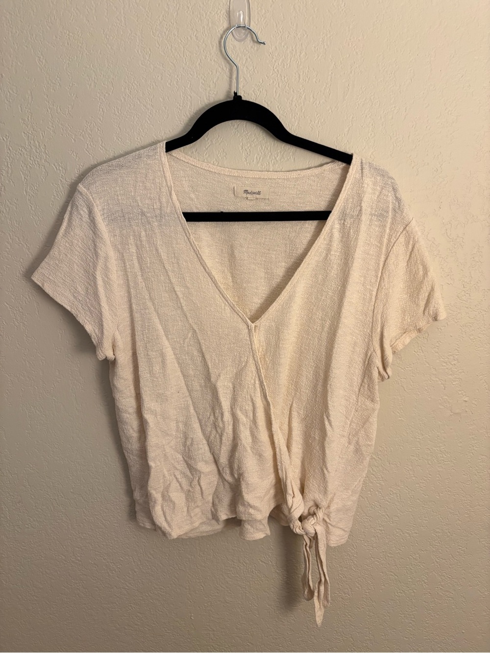 Madewell Cream V-Neck Short Sleeve Tie-Front Top